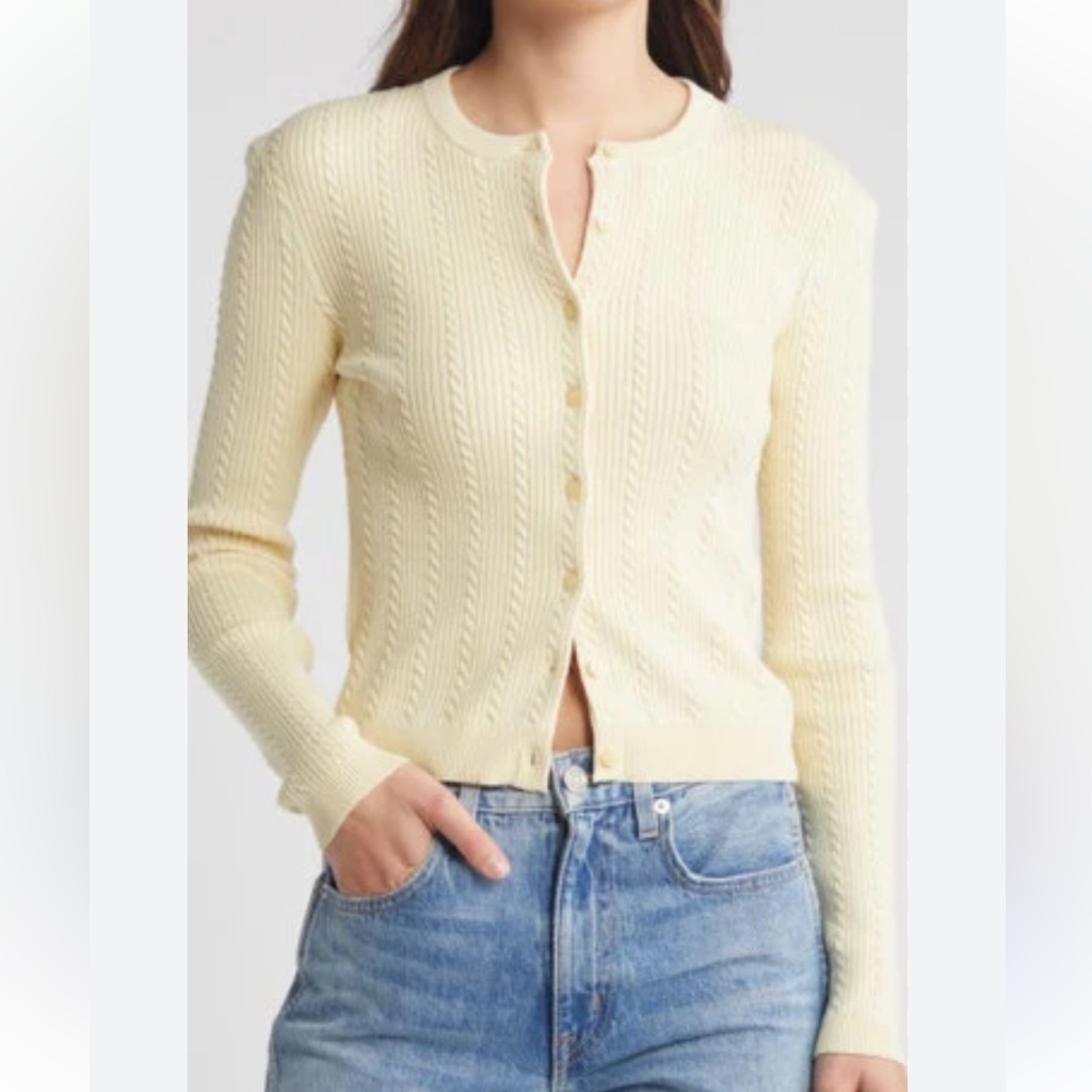 Reformation Natalie Cable Stitch Cardigan Sweater In Lemon Icing